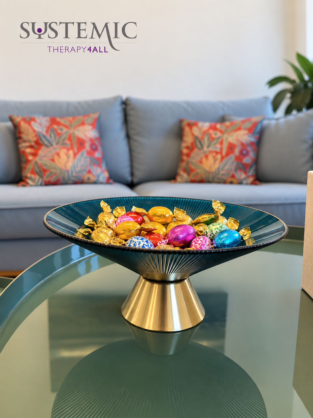 A bowl of colourful chocolates in the waiting area