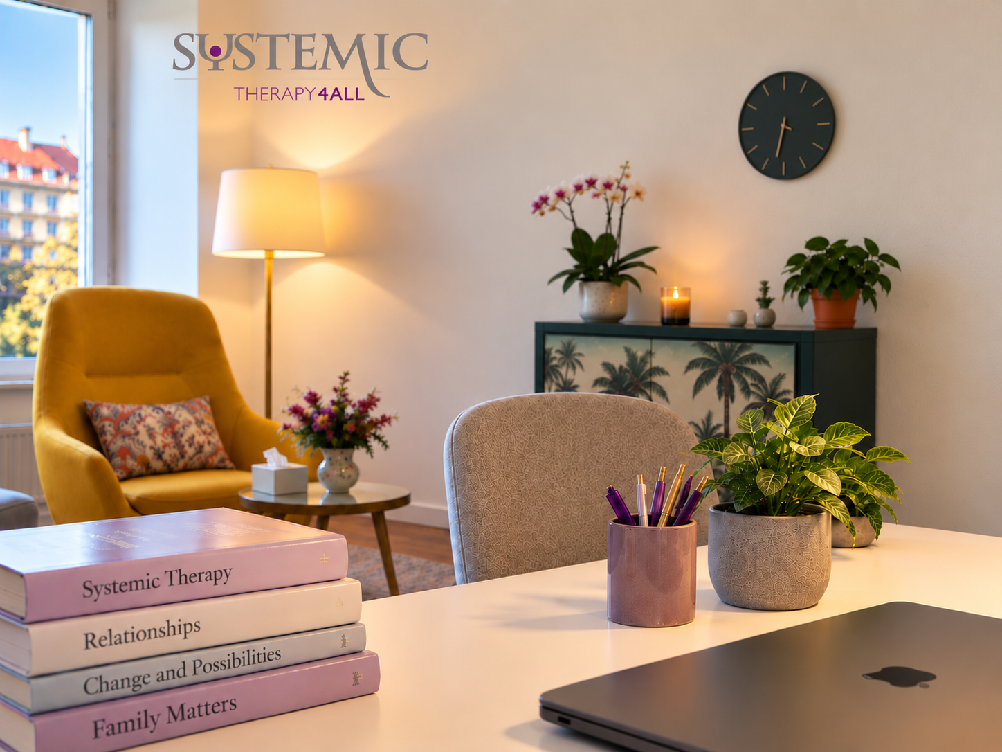 The therapist's desk with books and plants